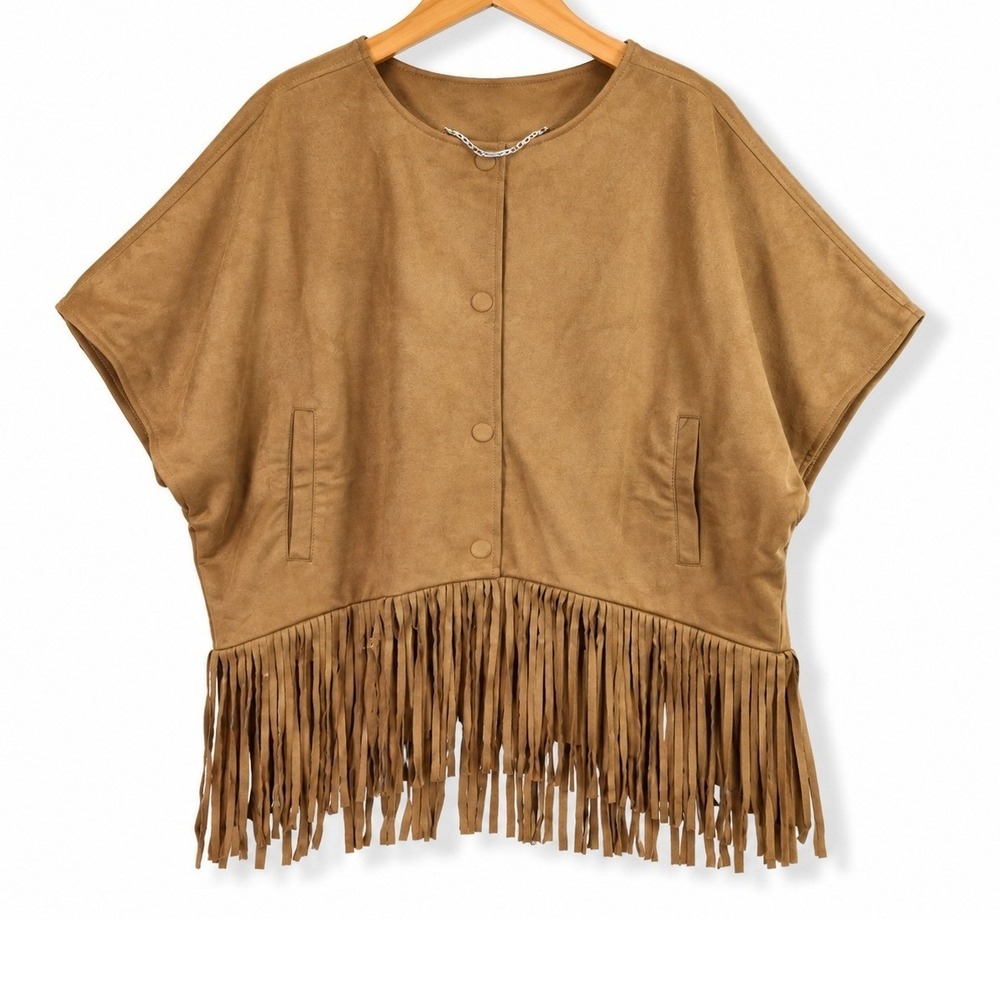 Dennis Basso Faux Suede Shawl Womens Small Cool Camel Fringe Western A615651